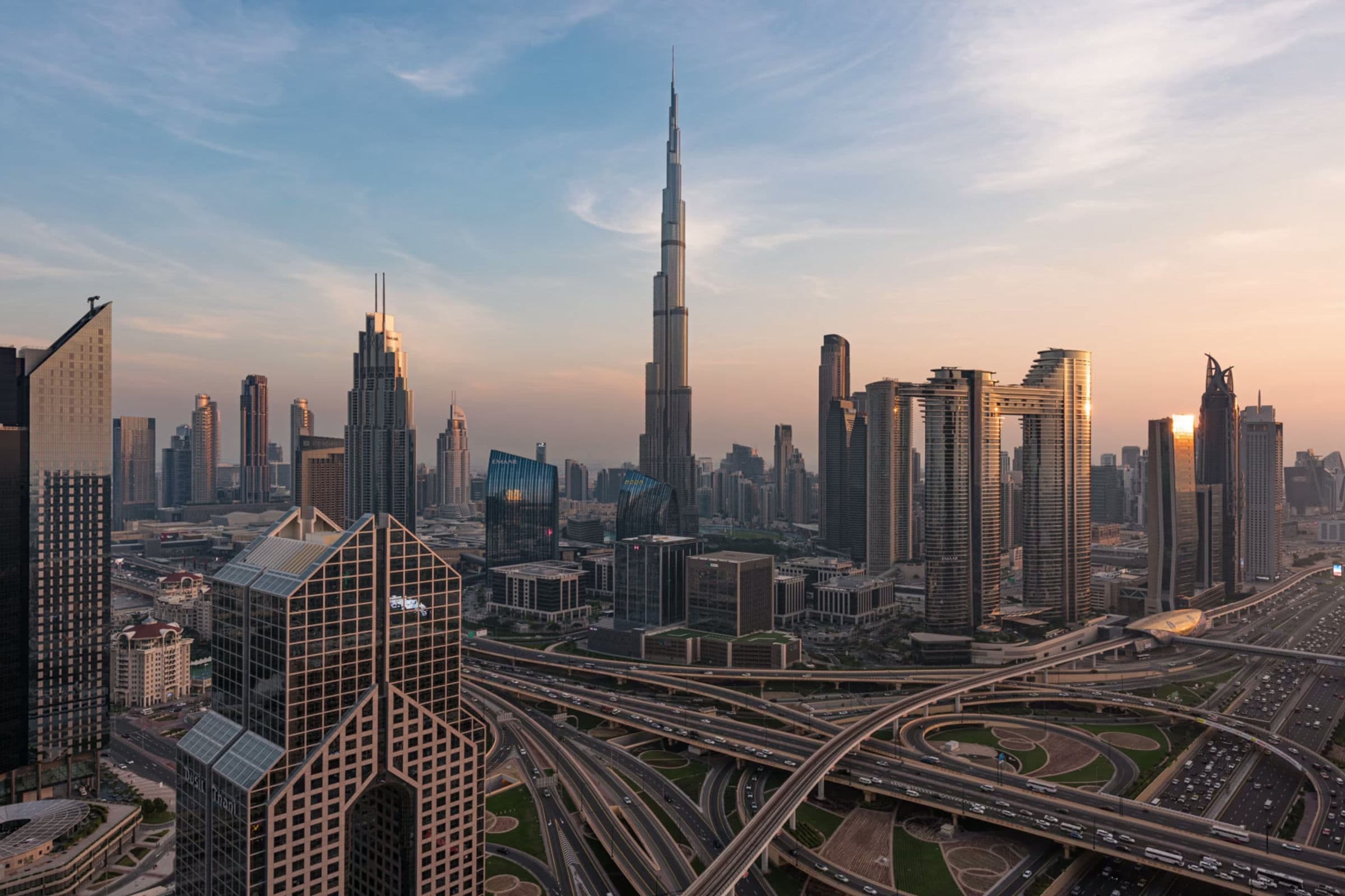 Dubai skyline with the Burj Khalifa at dusk